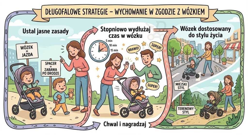 Infografika ze strategiami: ustalanie zasad, stopniowe wydłużanie czasu w wózku oraz chwalenie dziecka za współpracę.
